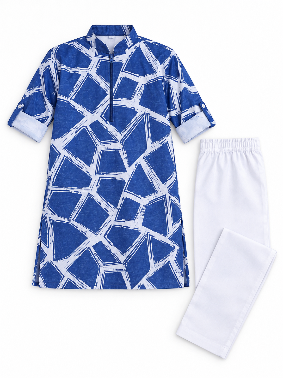 Boys Blue Geometric Print Kurta and White Pajama Set