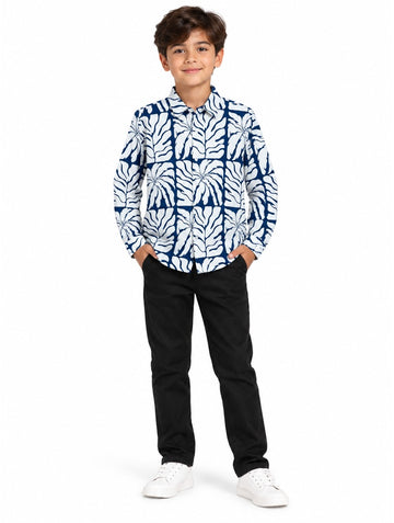 Boys Blue Leaf Print Long Sleeve Shirt