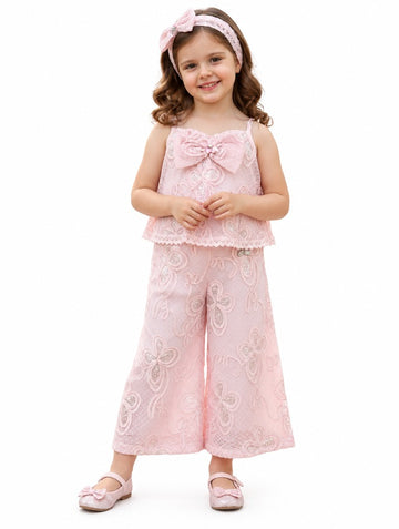 Girls Pink Floral Lace Bow Top and Palazzo Pants Set
