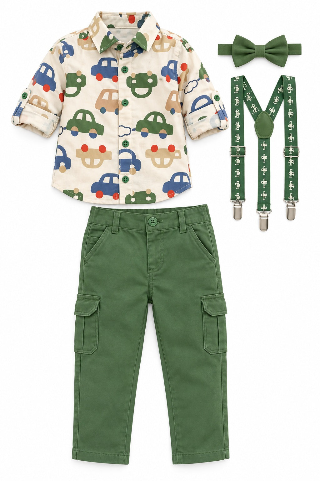 Boys Green Car Print Shirt, Bow Tie, Suspenders and Cargo Pants Set (Shoes Not Included)