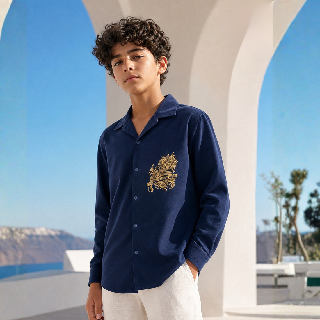 Boys Stylish Blue Embroidered Shirt