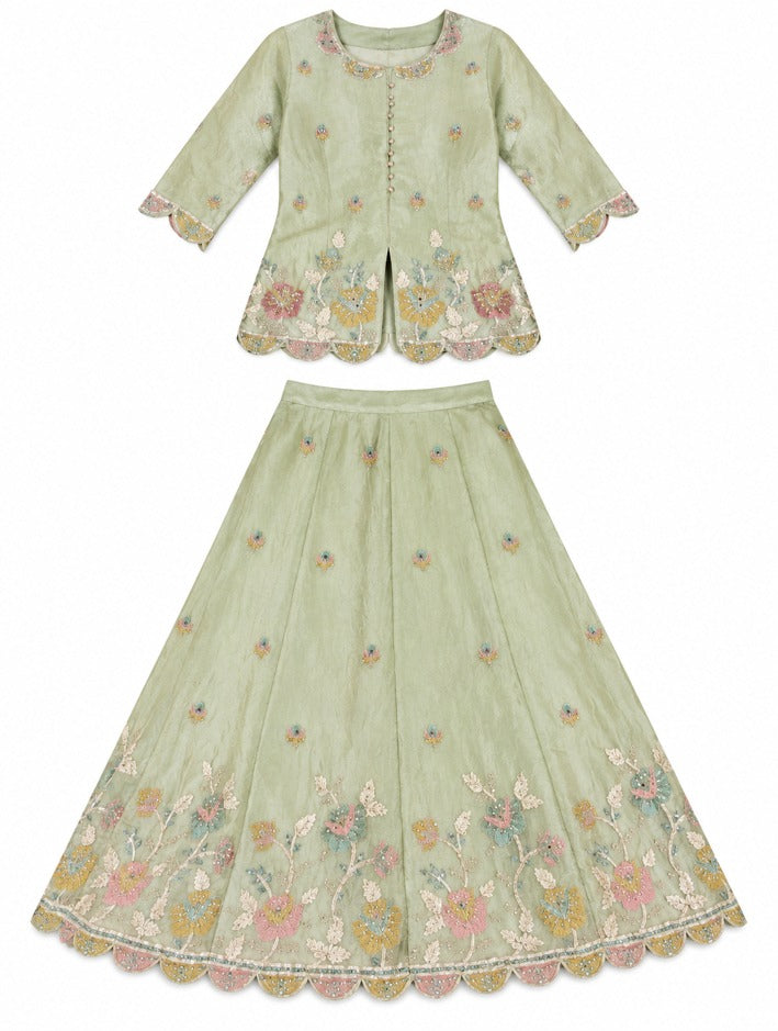 Girls Pista Green Embroidered Lehenga Choli Set