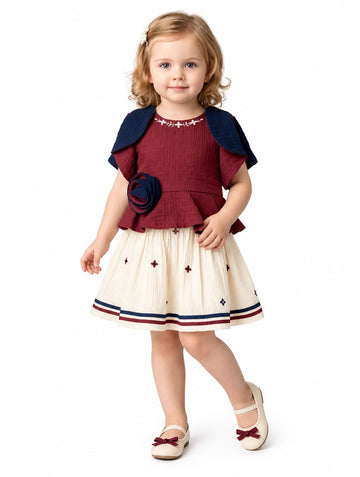 Girls Red Peplum Top and Cream Embroidered Skirt Set