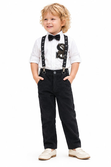 Boys Black Graphic Shirt, Bow Tie, Suspenders and Corduroy Pants Set (Shoes Not Included)