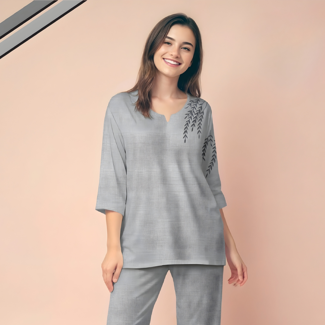 Grey Cotton Night Suit Set for Women
