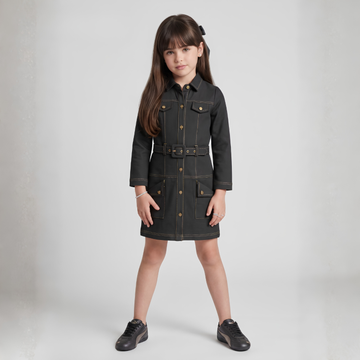 Girls Black Denim Stylish Belted Denim Frock