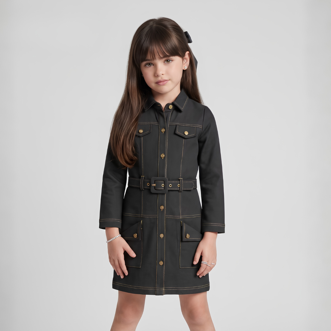 Girls Black Denim Stylish Belted Denim Frock