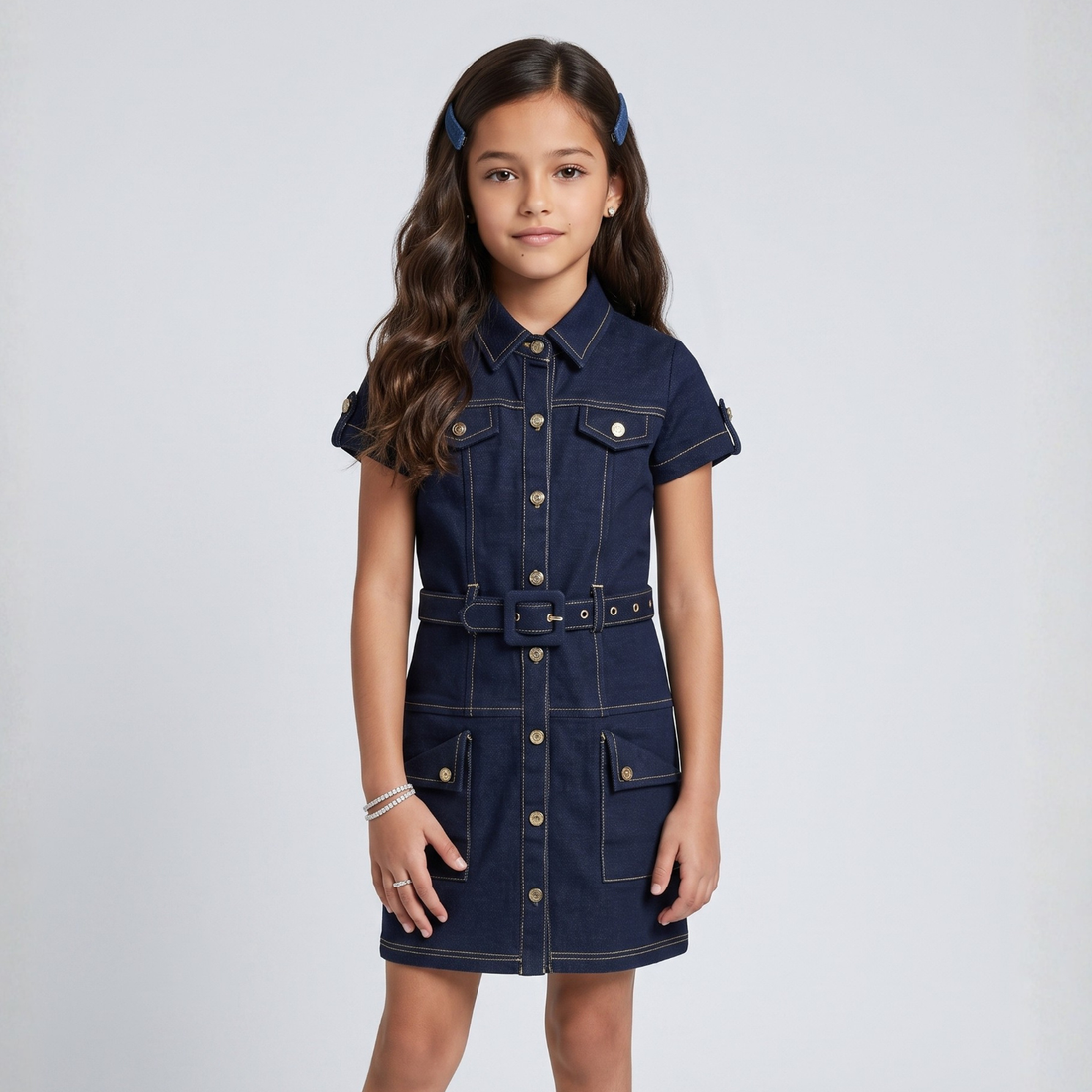 Blue Short Sleeve Gold Button Pocket Mini Denim Frock