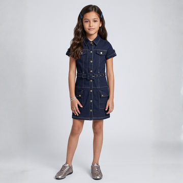 Blue Short Sleeve Gold Button Pocket Mini Denim Frock