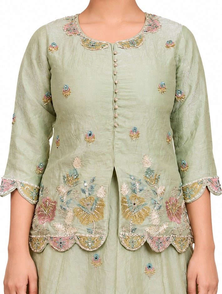 Girls Pista Green Embroidered Lehenga Choli Set