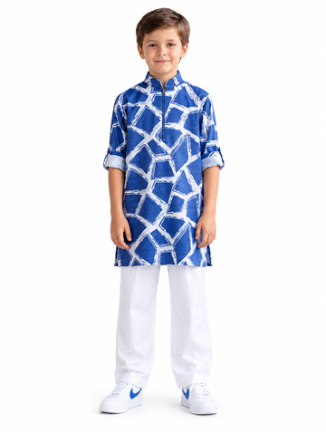 Boys Blue Geometric Print Kurta and White Pajama Set