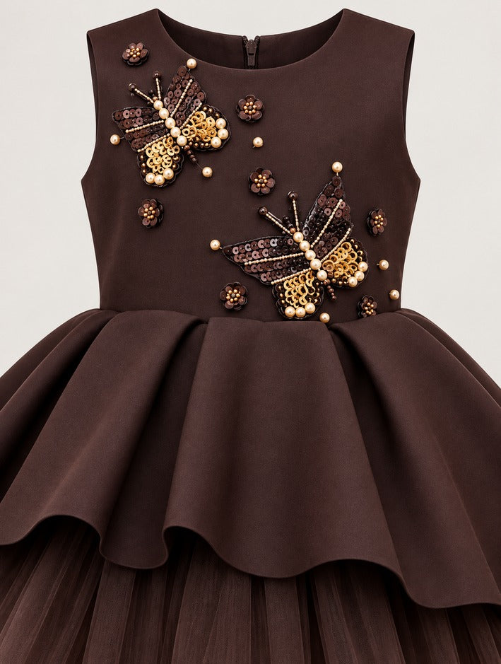 Girls Coffee Butterfly Embellished Party Frock