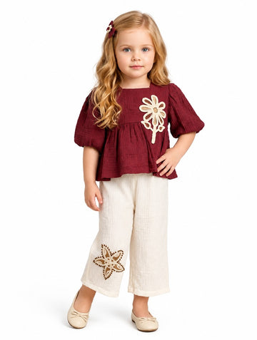 Girls Red Daisy Applique Top and Cream Palazzo Pants Set