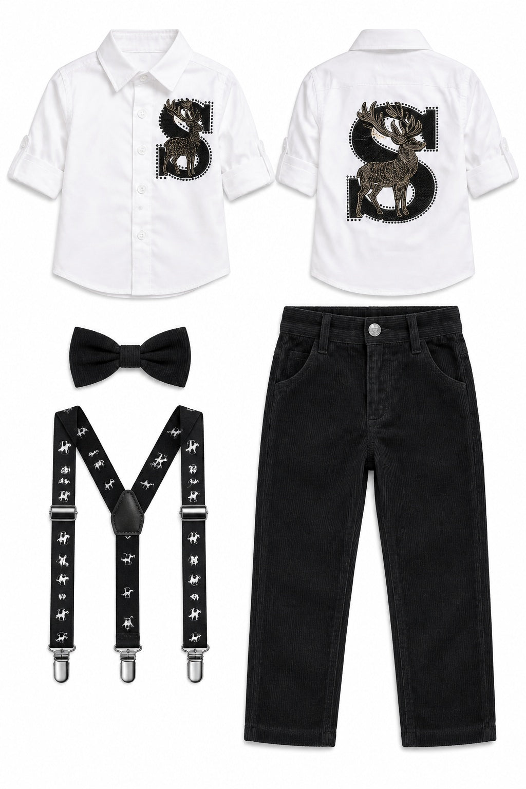 Boys Black Graphic Shirt, Bow Tie, Suspenders and Corduroy Pants Set (Shoes Not Included)