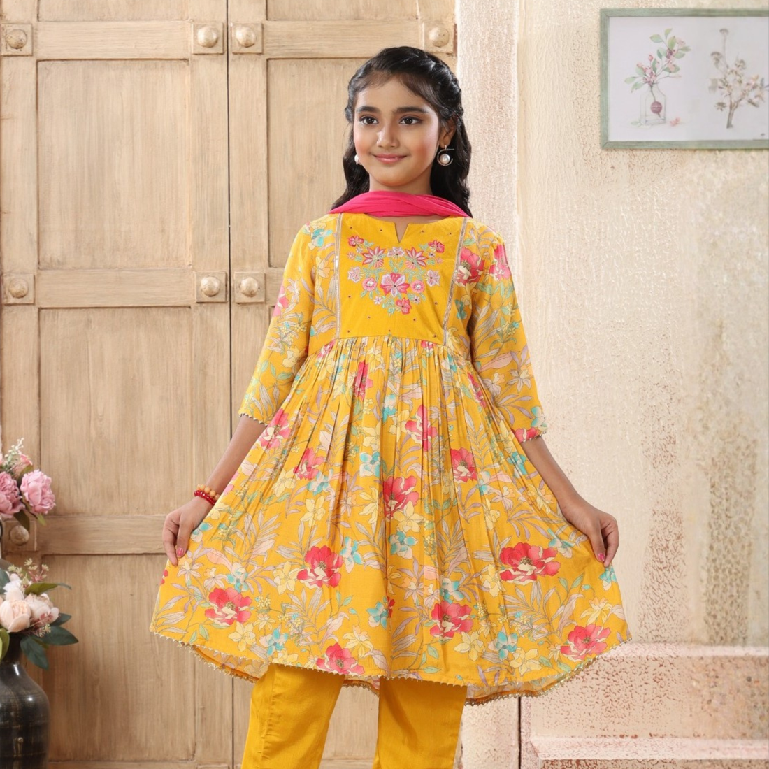 Girls Yellow Floral Printed Pure Cotton Kurti Set
