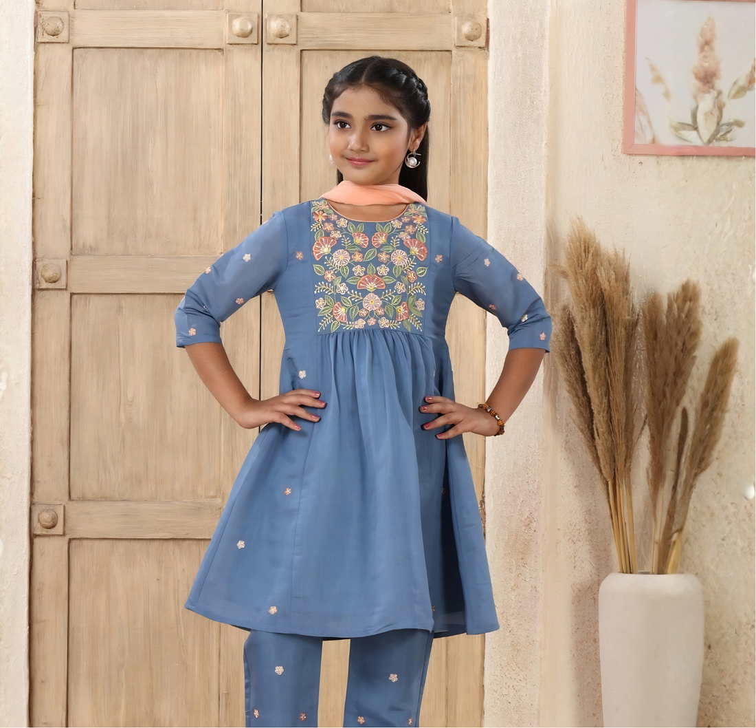 Girls Blue Embroidered Kurta with Straight wide legs Pant Set