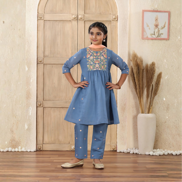Girls Blue Embroidered Kurta with Straight wide legs Pant Set