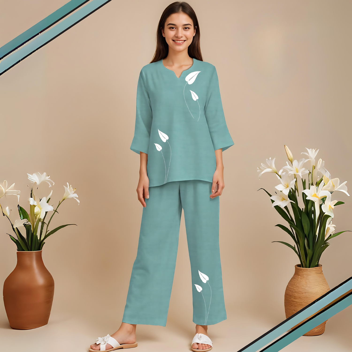 Green Women Pure Cotton Top & Pajama Night Suit