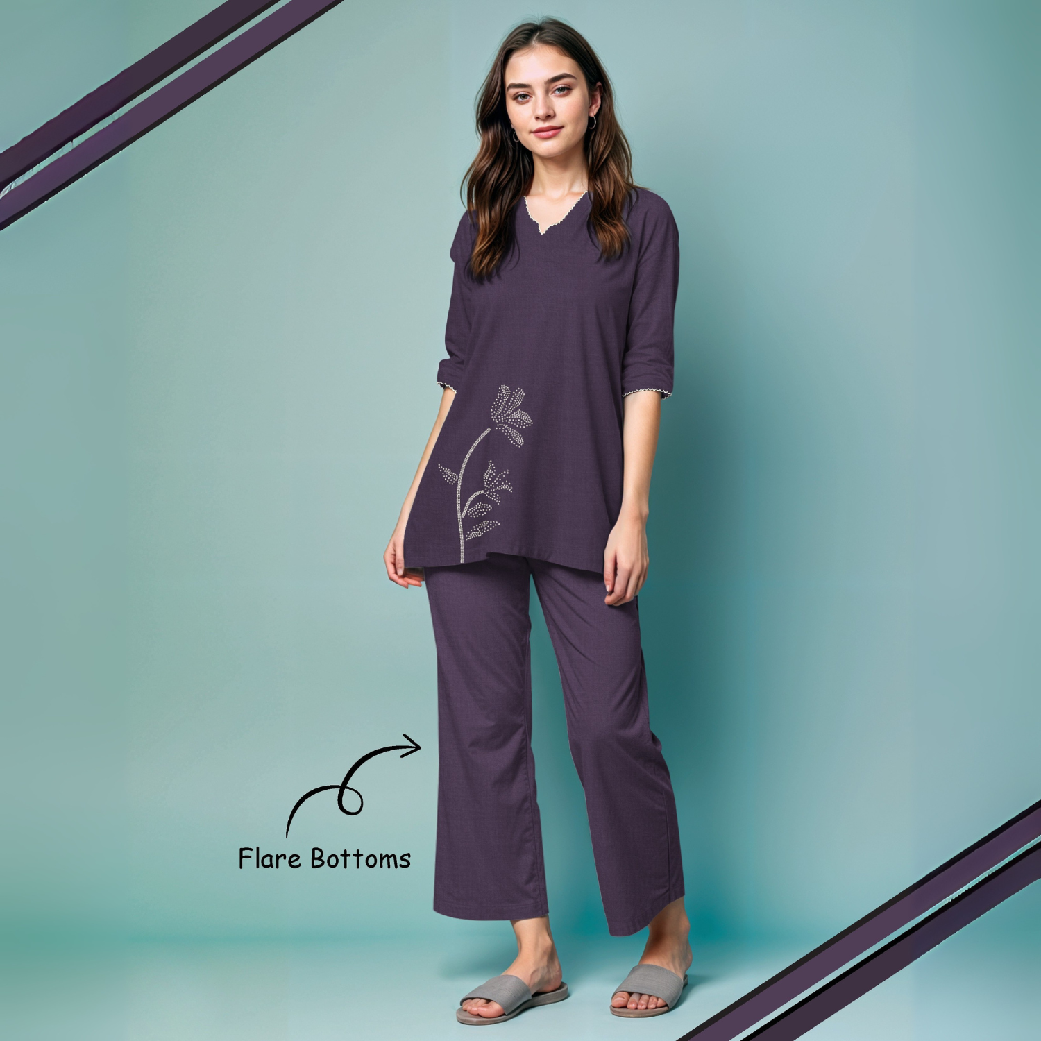 Purple Color Women Pure Cotton Top & Pyjama Night Suit