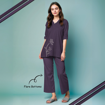 Purple Color Women Pure Cotton Top & Pyjama Night Suit