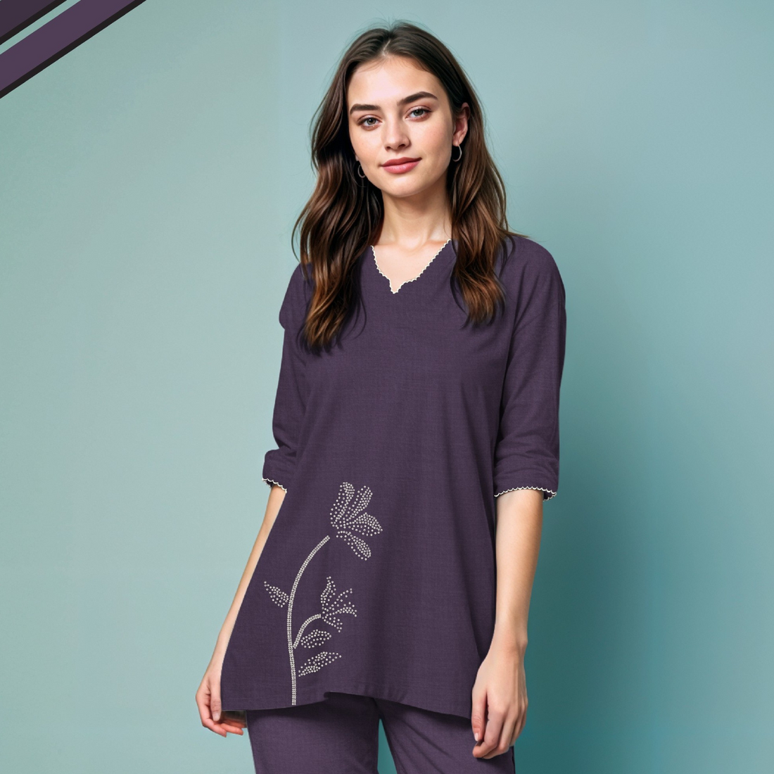 Purple Color Women Pure Cotton Top & Pyjama Night Suit