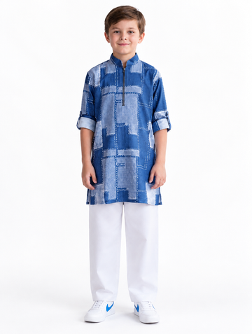 Boys Blue Patchwork Print Kurta and White Pajama Set