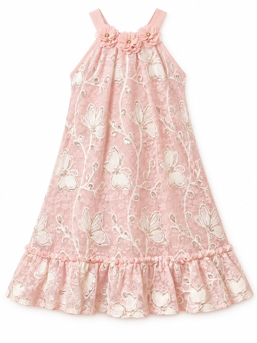 Girls Pink Floral Lace Halter Party Dress with Rosette Neckline