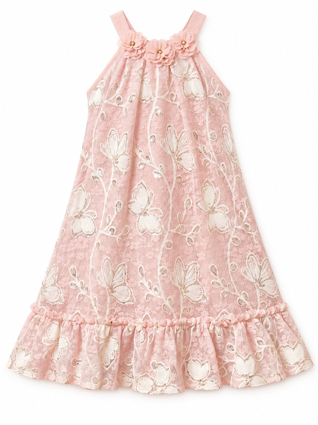 Girls Pink Floral Lace Halter Party Dress with Rosette Neckline