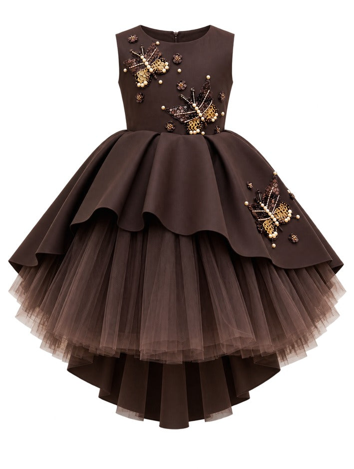 Girls Coffee Butterfly Embellished Party Frock