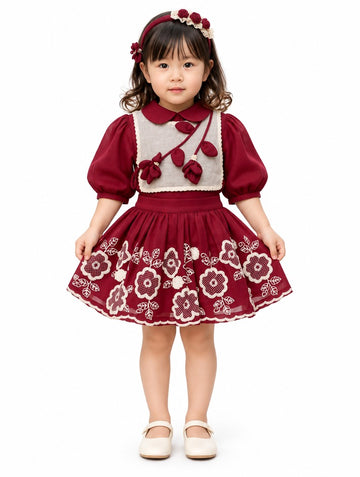 Girls Red Floral Bib Top and Embroidered Skirt Set