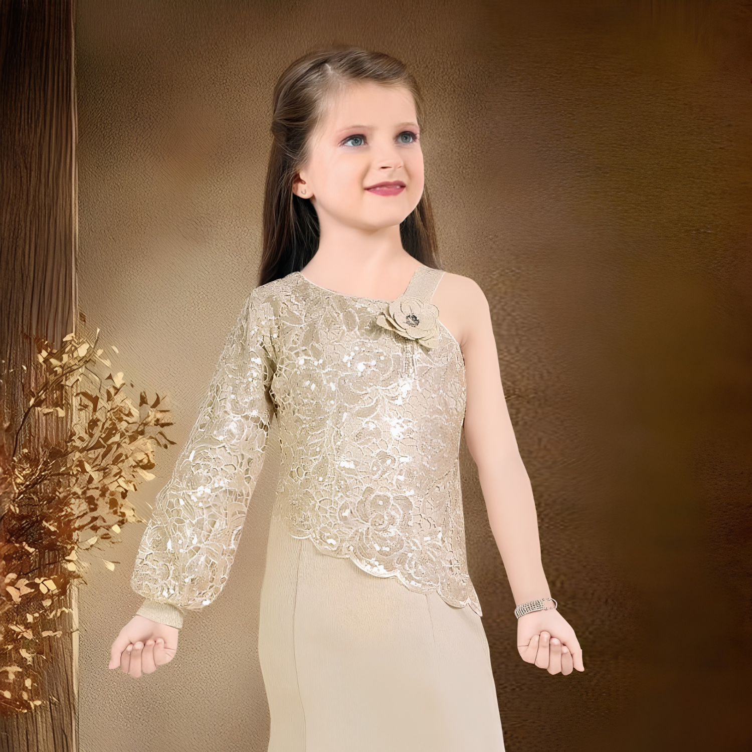Girls fawn embellished gown detail