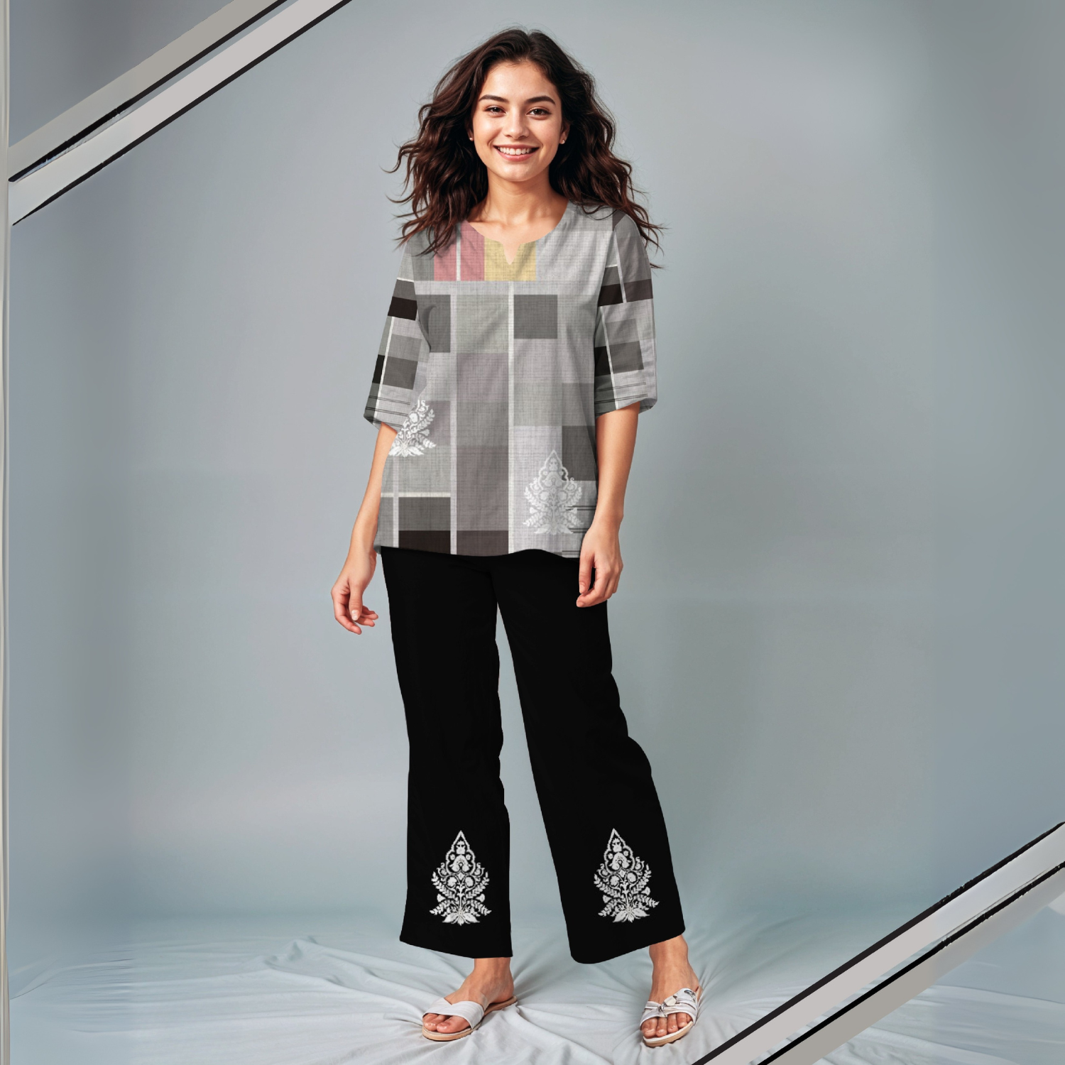 Gray Color Printed Women Pure Cotton Top & Pyjama Night Suit