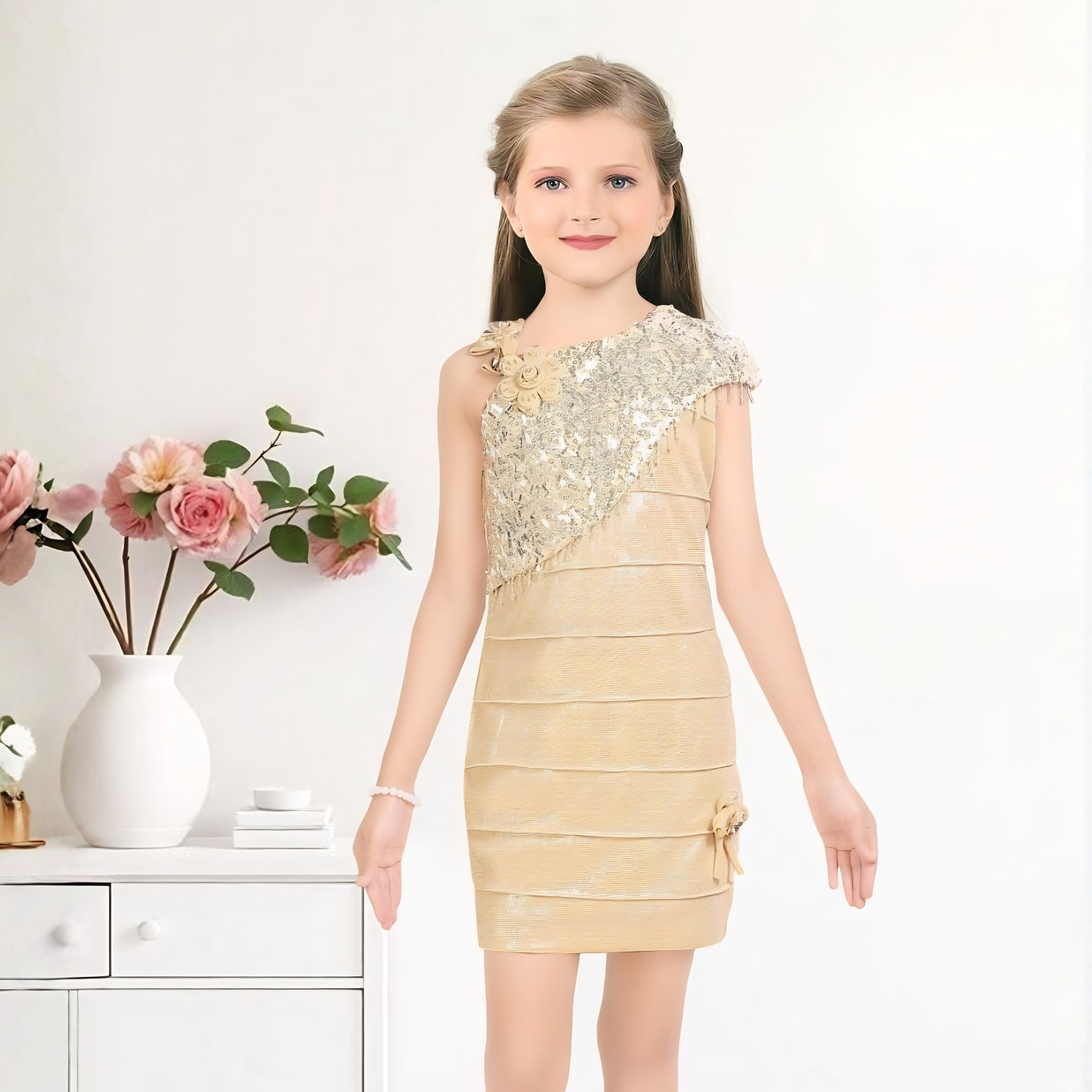Girls fawn sequined party dress detail