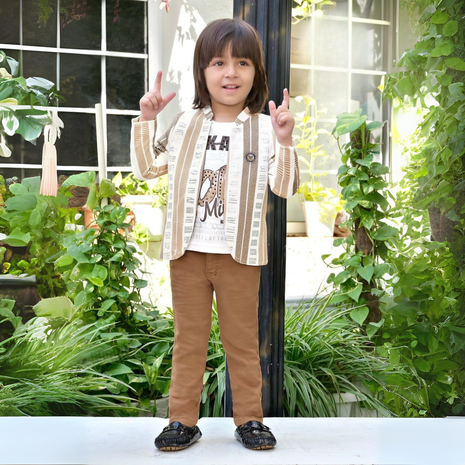 Cream With Fawn Printed Blazer, T-Shirt And Brown Pant Set