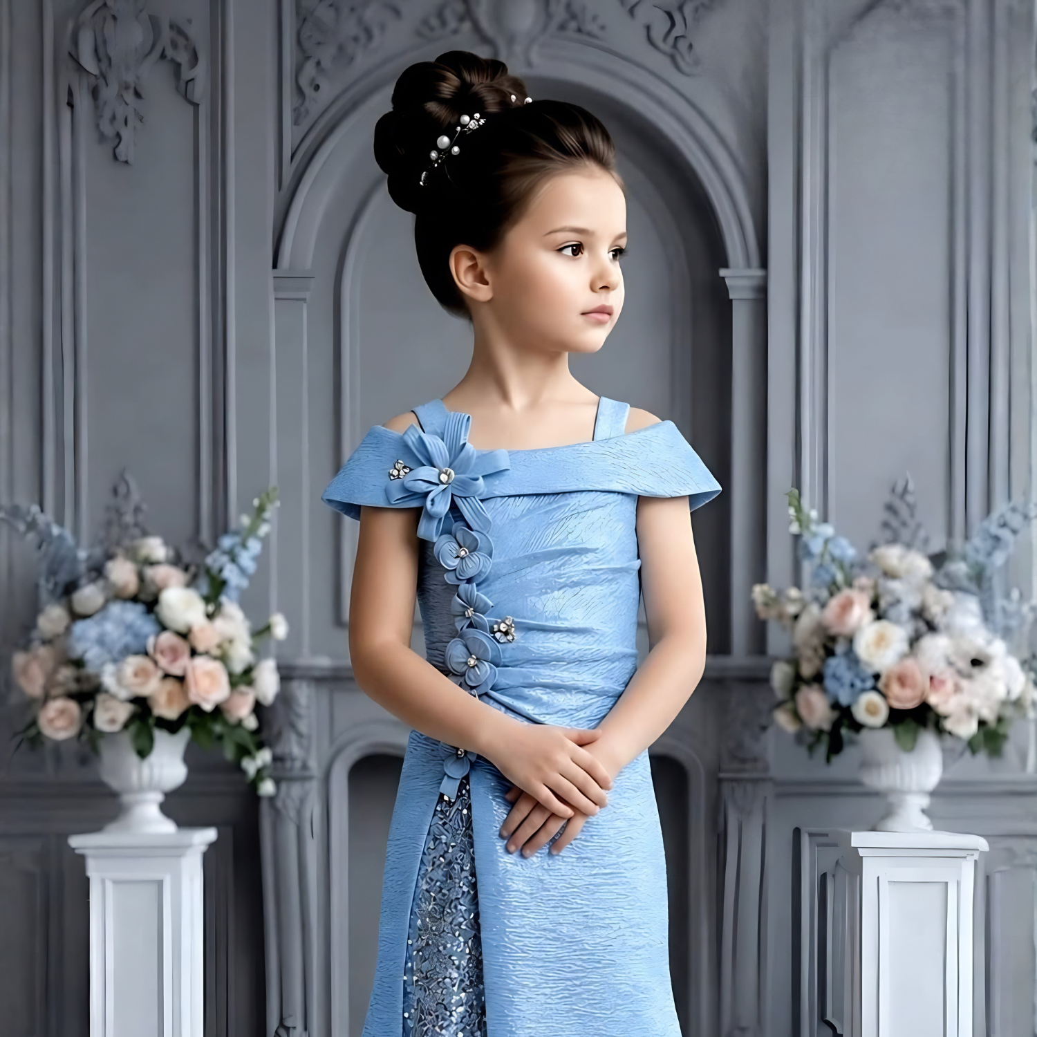 Girls blue embellished gown detail