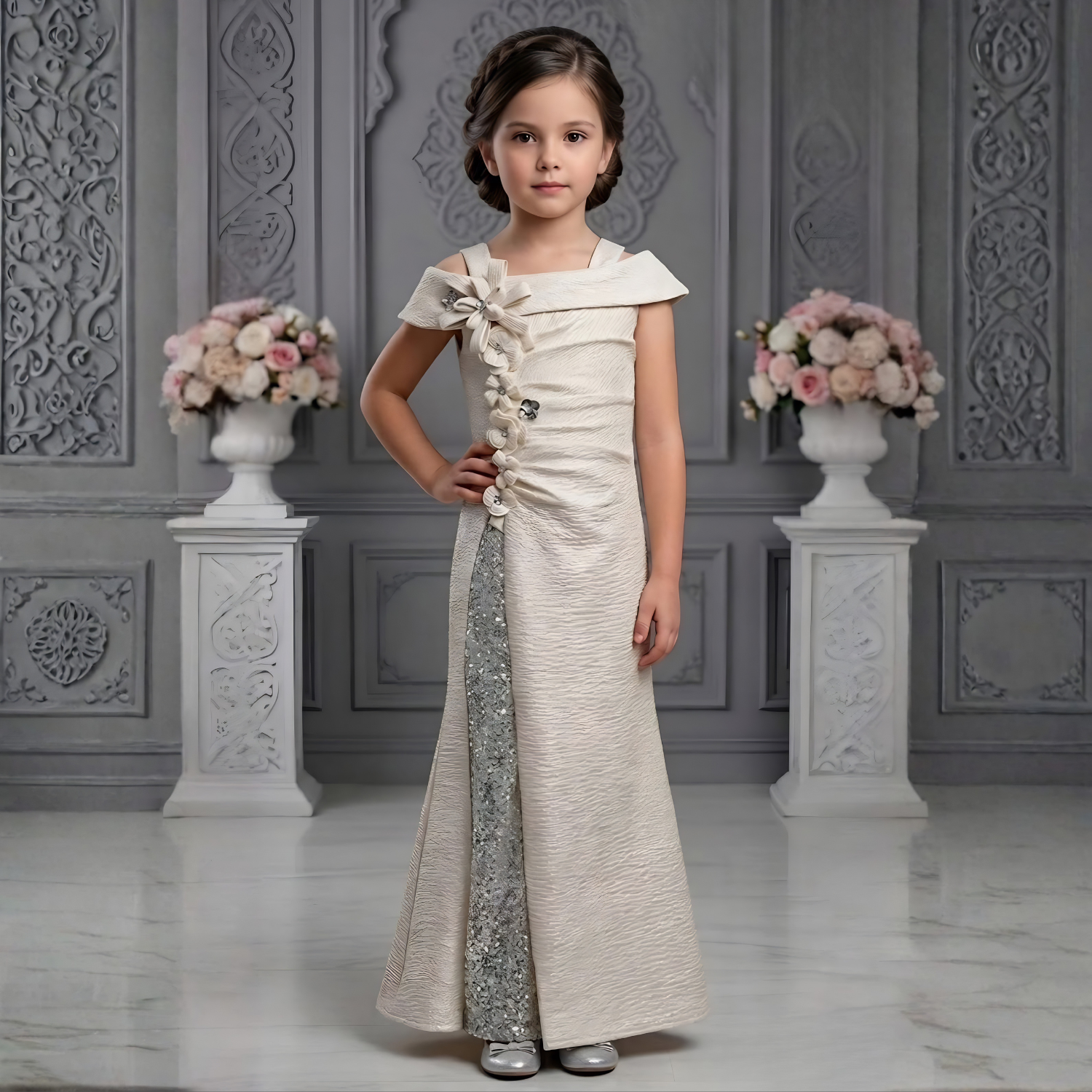 Girls cream embellished gown