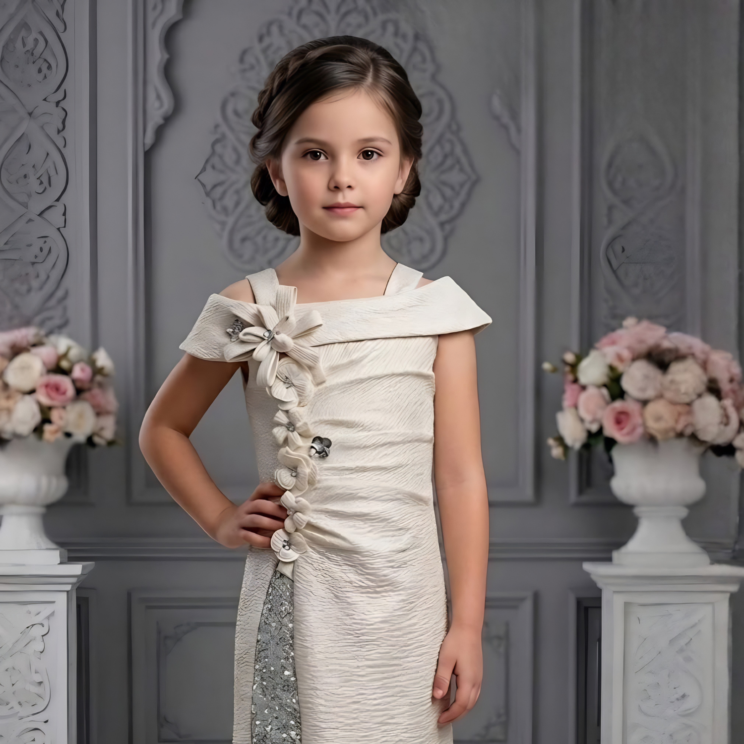 Girls cream embellished gown detail