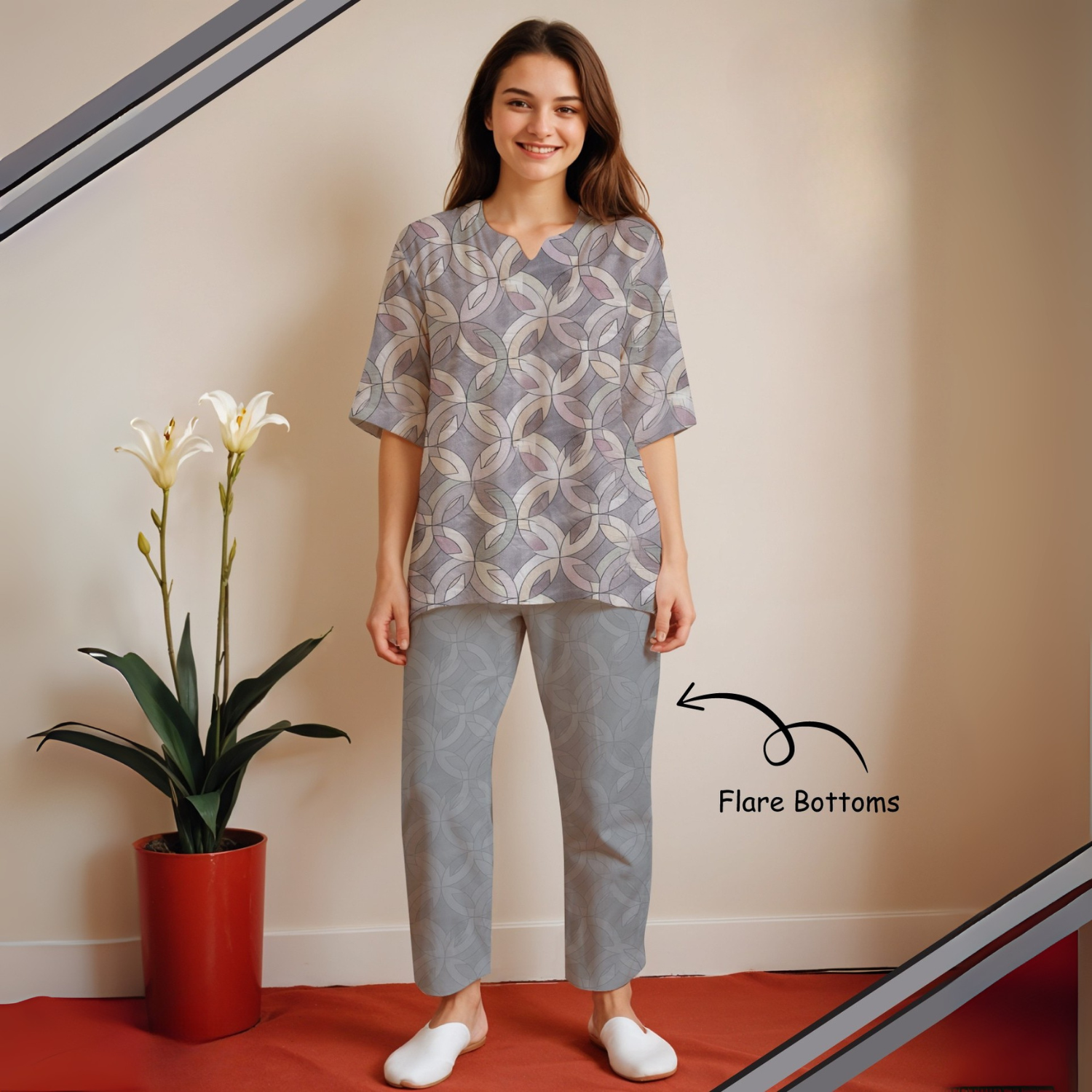 Gray Color Printed Women Pure Cotton Top & Pyjama Night Suit