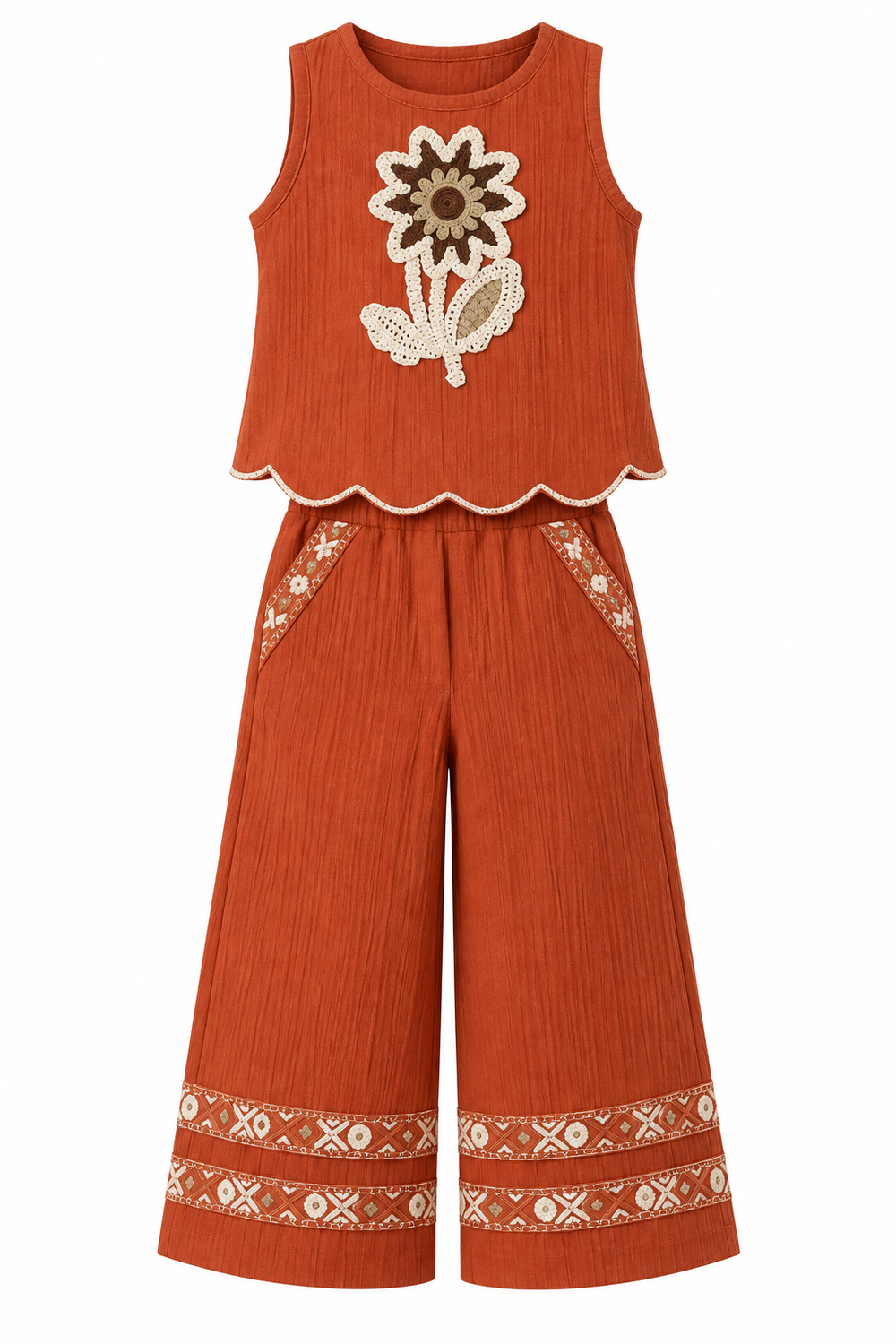 Girls Rust Floral Applique Top and Palazzo Pants Set (Shoes Not Included)