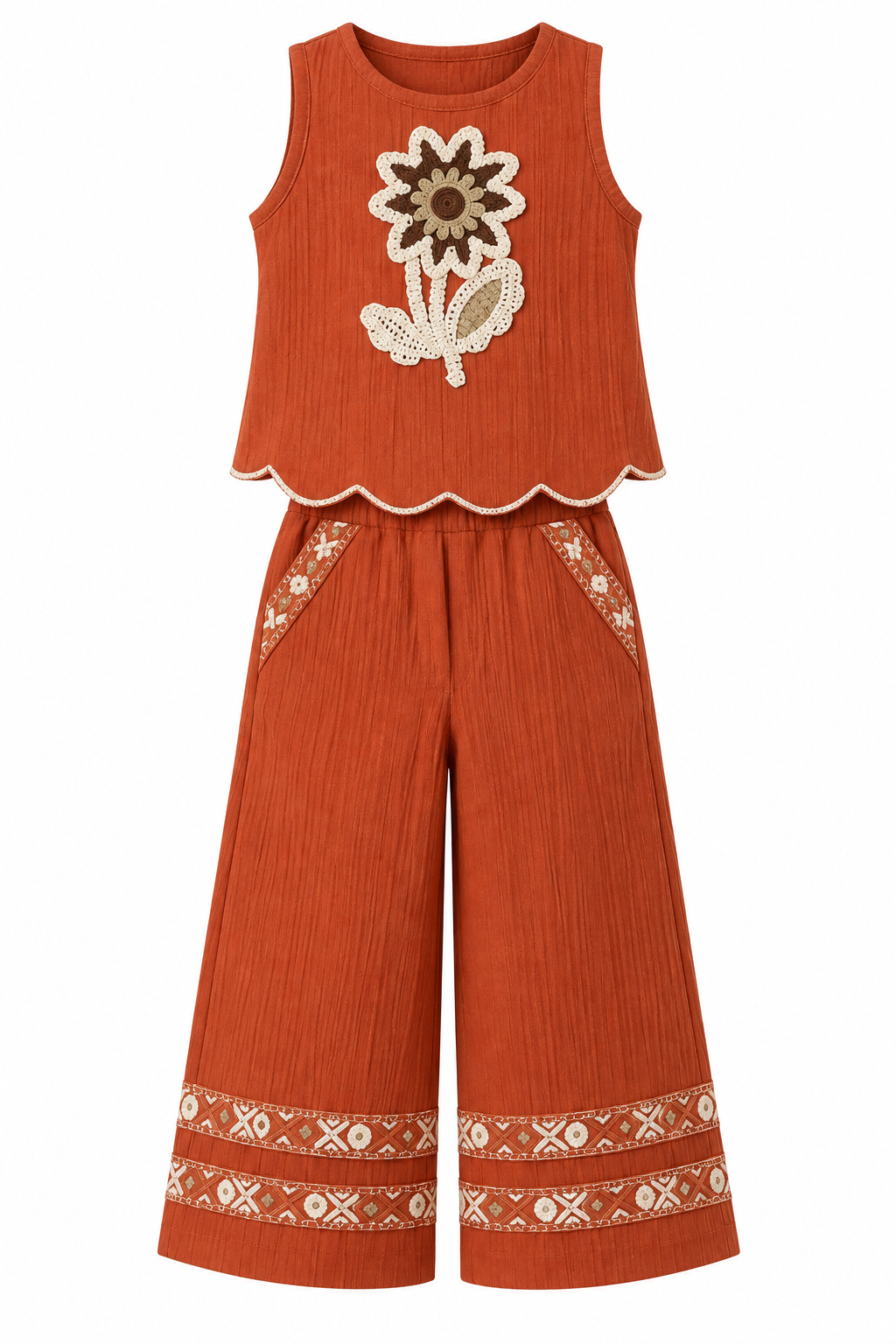 Girls Rust Floral Applique Top and Palazzo Pants Set (Shoes Not Included)