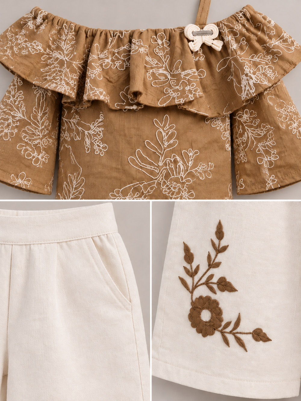 Girls Fawn Embroidered Cold-Shoulder Top and Cream Culottes Set