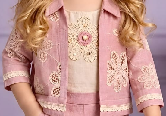 Girls Peach Floral Lace Jacket and Palazzo Pants Set (Shoes Not Included)