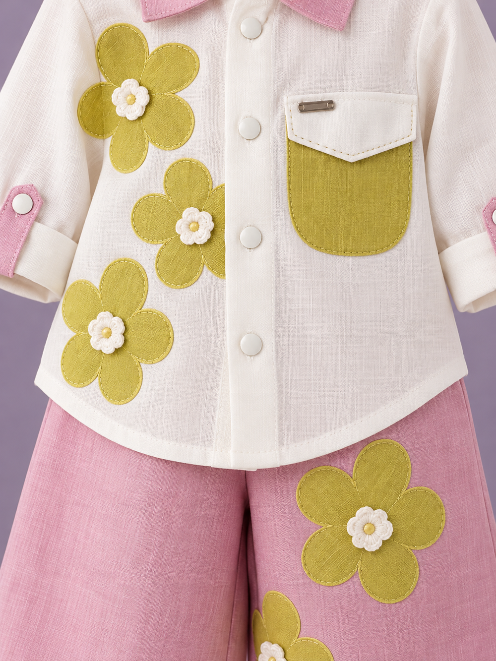 Girls Pink Floral Applique Shirt and Wide-Leg Pants Set