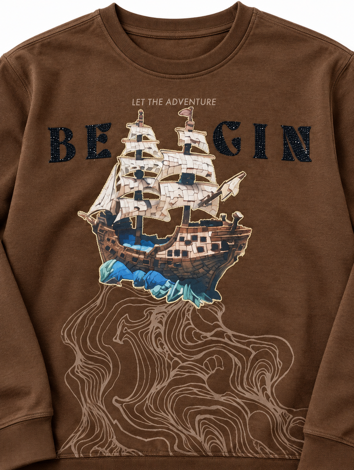 Boys Brown Adventure Ship Graphic Full Sleeve T-Shirt