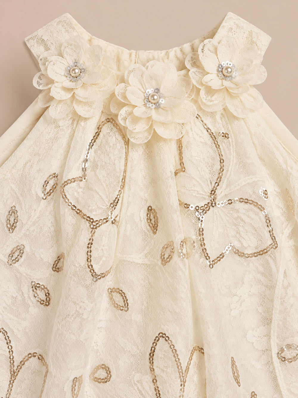 Girls Cream Floral Lace Halter Party Dress with Rosette Neckline