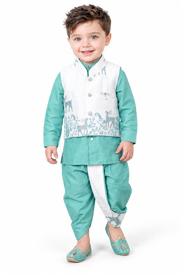 Boys Gray Kurta and Dhoti Set with Deer Motif Jacket (Shoes Not Included)