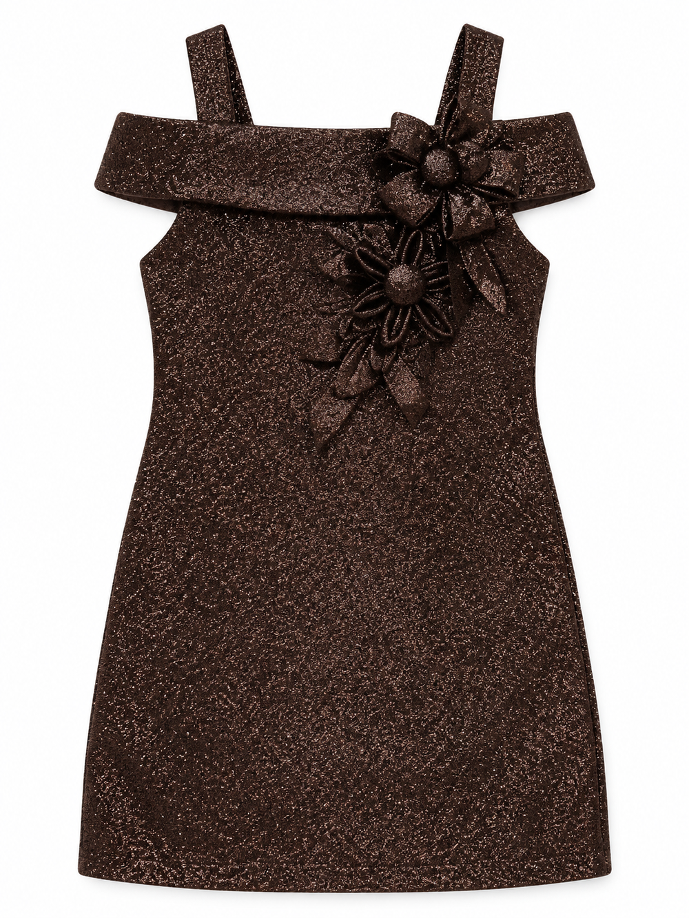 Girls Brown Shimmer Cold-Shoulder Dress with Floral Applique (Shoes Not Included)