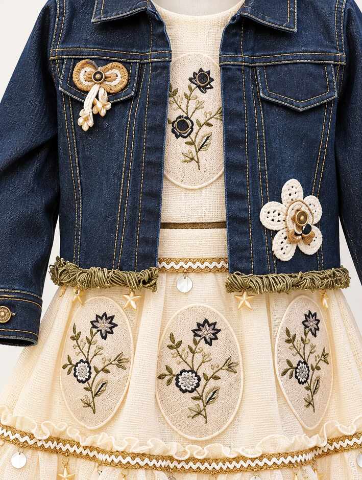 Girls Cream Embroidered Dress with Blue Denim Jacket