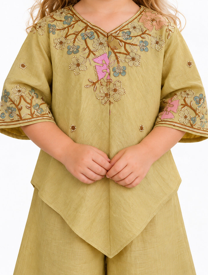 Girls Yellow Embroidered Kurti and Palazzo Set