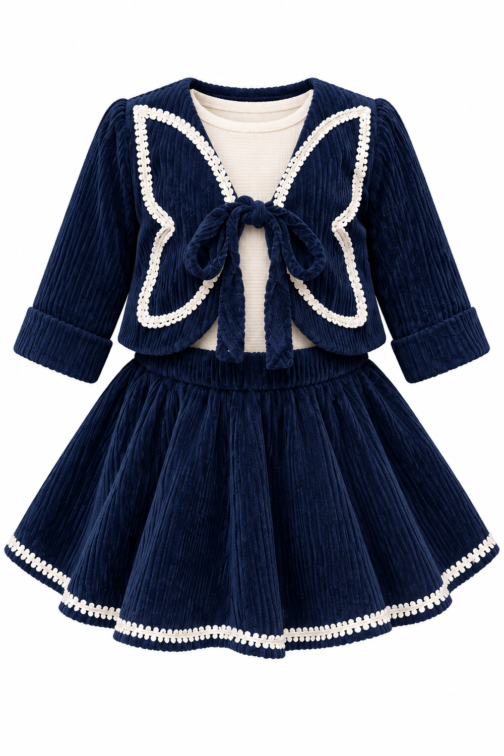 Girls Blue Bow-Front Jacket and Flared Skirt Set (Shoes Not Included)